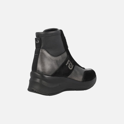 Booties with front zip in combined Black and metallic