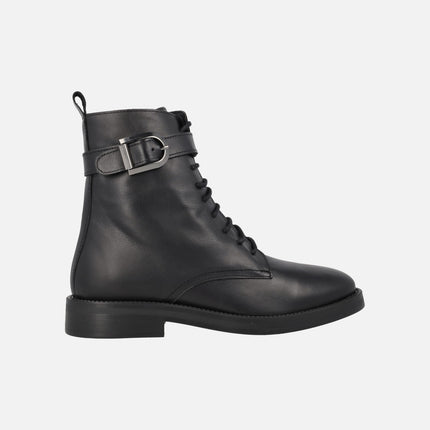 Black leather boots with laces and buckle