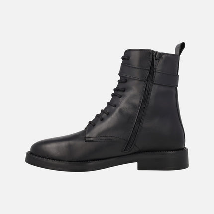 Black leather boots with laces and buckle