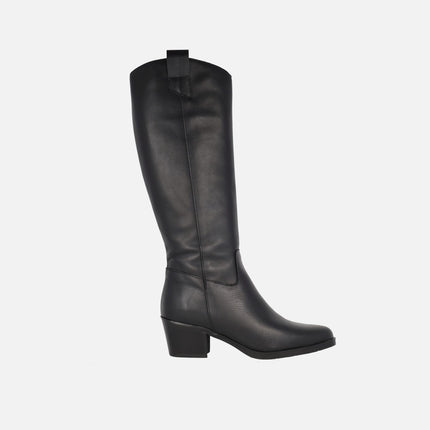 High Cowboy Boots in Black Leather with Low Heel