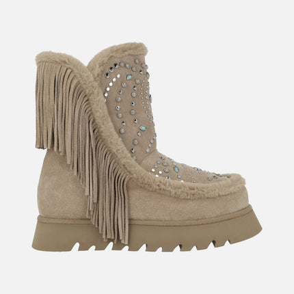 Jewel boots in beige suede with studs and fringes