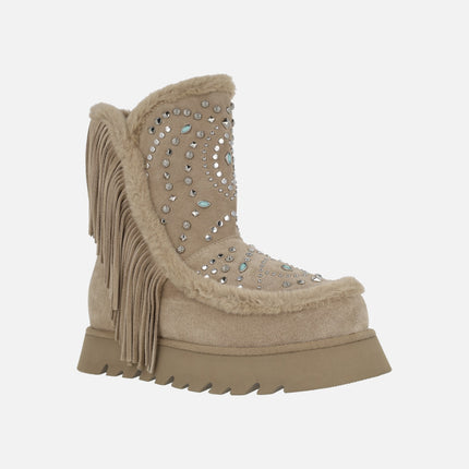 Jewel boots in beige suede with studs and fringes