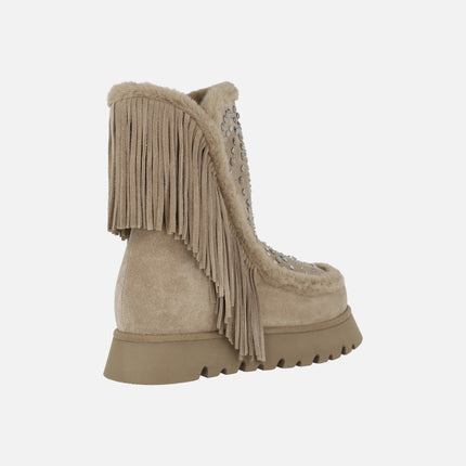 Jewel boots in beige suede with studs and fringes