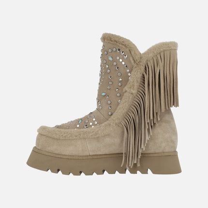 Jewel boots in beige suede with studs and fringes