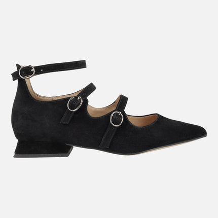 Black suede ballerinas with buckles and bracelet to the ankle