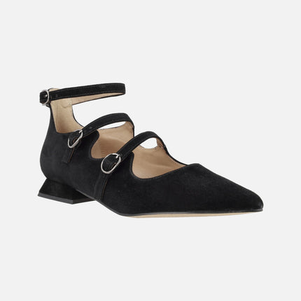 Black suede ballerinas with buckles and bracelet to the ankle