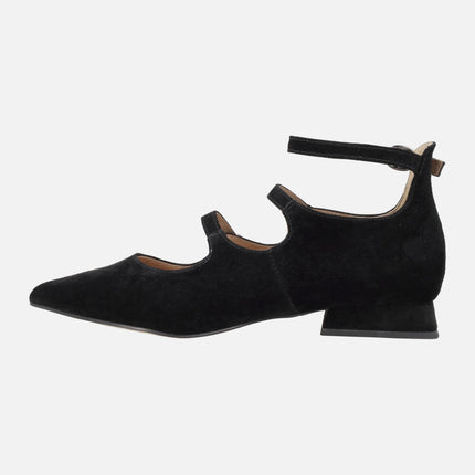 Black suede ballerinas with buckles and bracelet to the ankle