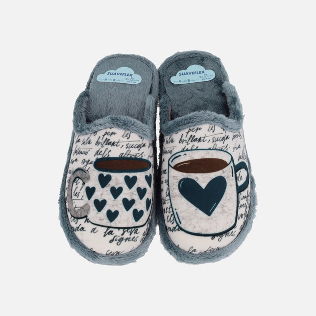 Zapatillas de casa para mujer con dibujos de café y corazones