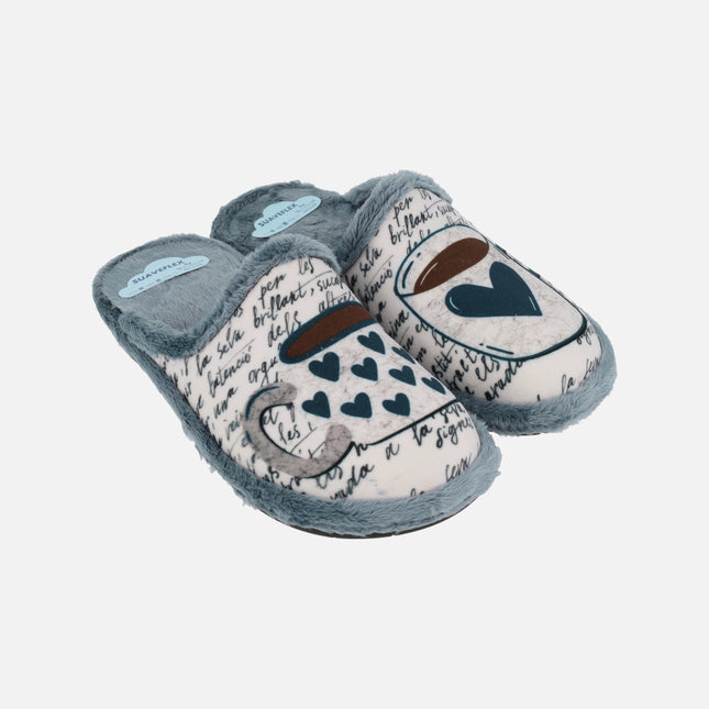 Zapatillas de casa para mujer con dibujos de café y corazones