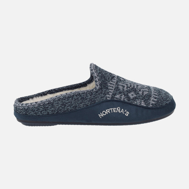 Open heel house slippers in blue wool with furry lining