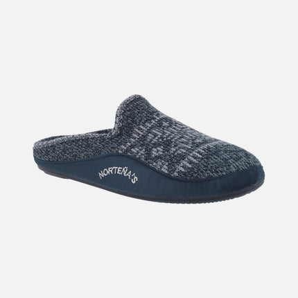 Open heel house slippers in blue wool with furry lining