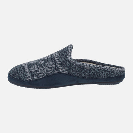 Open heel house slippers in blue wool with furry lining