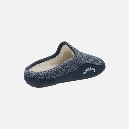 Open heel house slippers in blue wool with furry lining