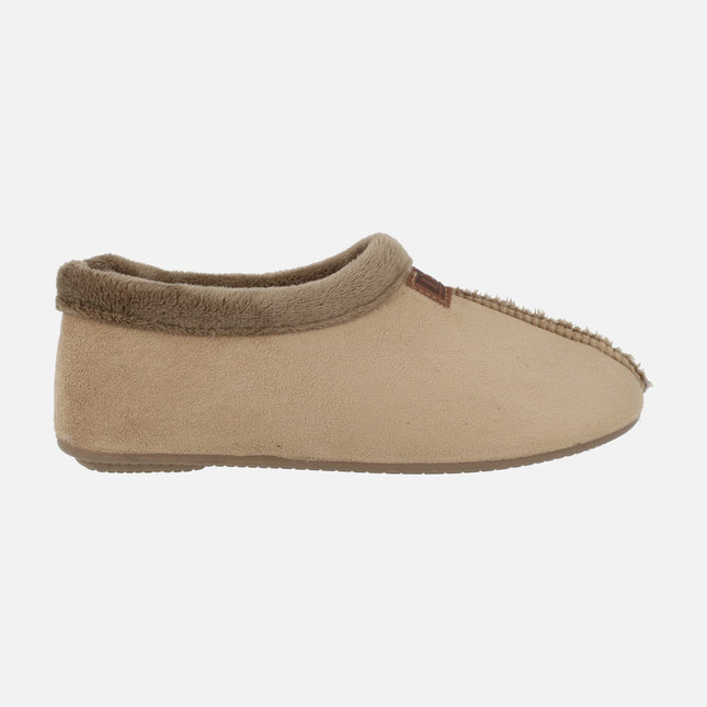 Zapatillas de casa cerradas para mujer en afelpado camel con ribete de pelo