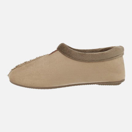 Zapatillas de casa cerradas para mujer en afelpado camel con ribete de pelo