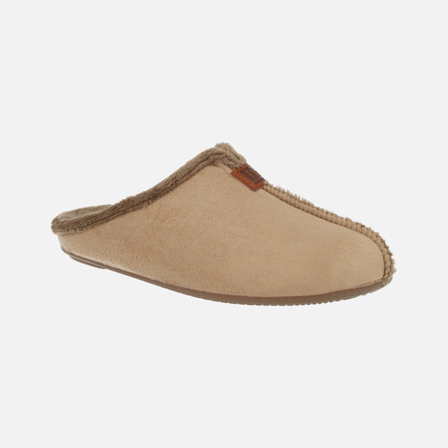 Zapatillas de casa descalzas para mujer en afelpado camel con ribete de pelo