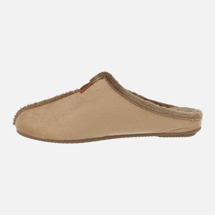 Zapatillas de casa descalzas para mujer en afelpado camel con ribete de pelo