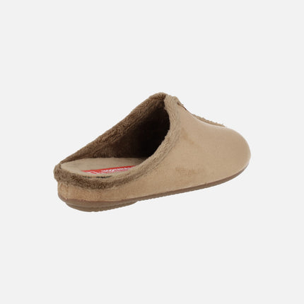 Zapatillas de casa descalzas para mujer en afelpado camel con ribete de pelo