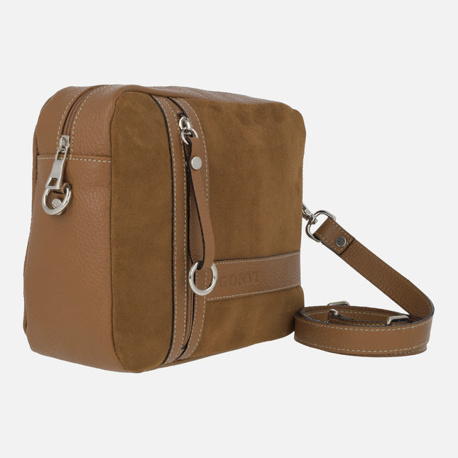 Brown crossbody bags in suede and leather combination