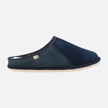 House slippers for men in blue suede leather with wool lining