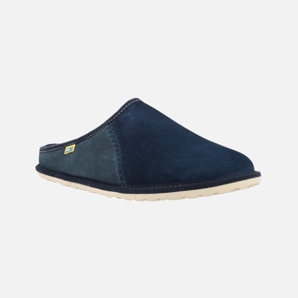 House slippers for men in blue suede leather with wool lining