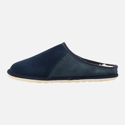 House slippers for men in blue suede leather with wool lining