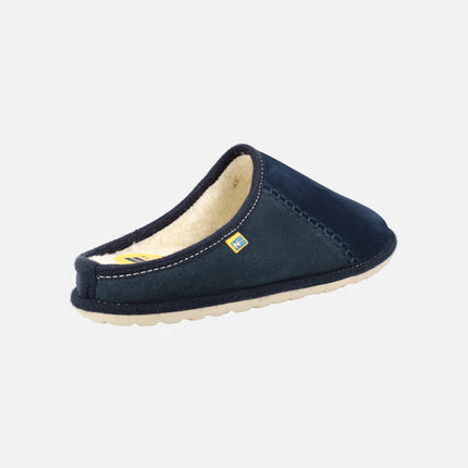 House slippers for men in blue suede leather with wool lining