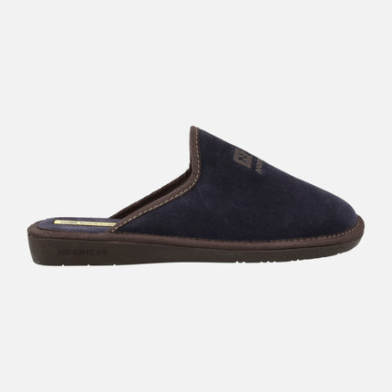 Men's navy blue suede leather house slippers