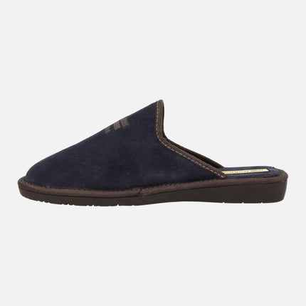 Men's navy blue suede leather house slippers