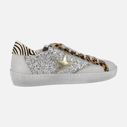 Combined sneakers in glitter and animal print