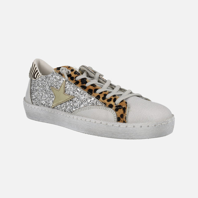 Combined sneakers in glitter and animal print