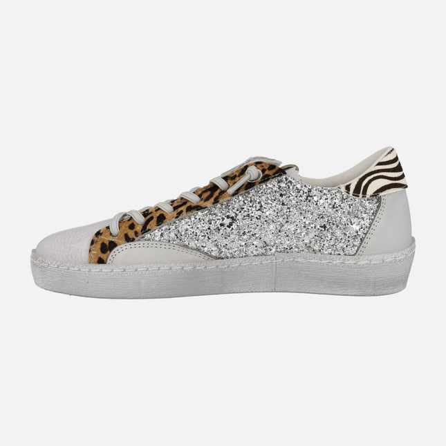 Combined sneakers in glitter and animal print