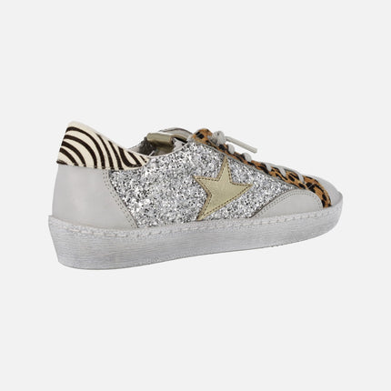 Combined sneakers in glitter and animal print