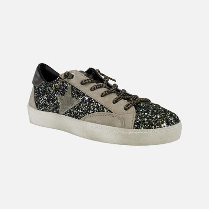 Combined sneakers in glitter and animal print