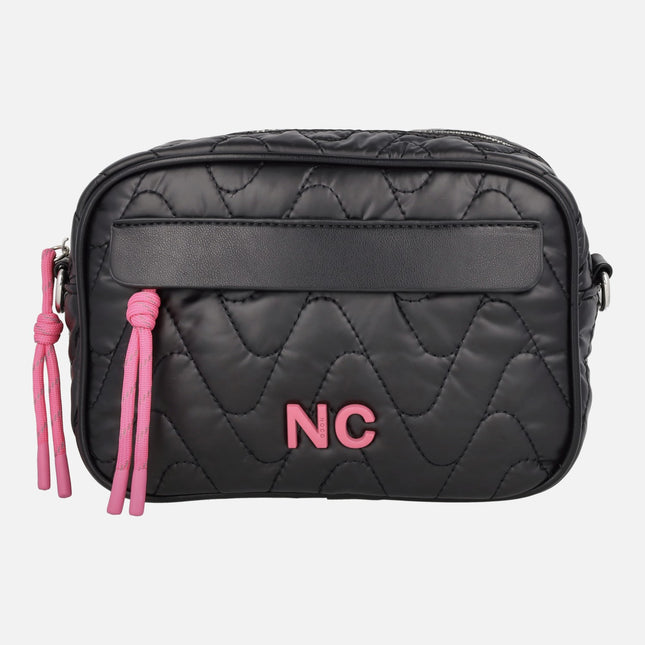 Bolsos bandolera Noco en tejido acolchado negro con detalles fucsia