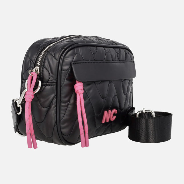 Bolsos bandolera Noco en tejido acolchado negro con detalles fucsia