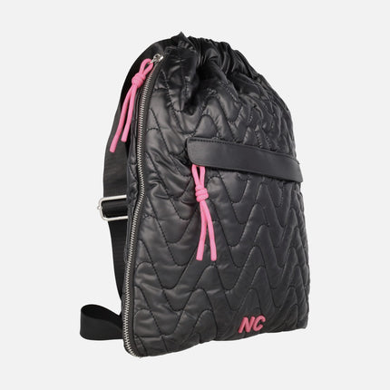 Noco backpacks in black padded fabric with fuchsia details