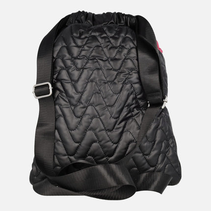 Noco backpacks in black padded fabric with fuchsia details