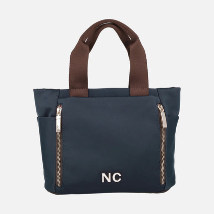 Shopper Bags in navy Nylon fabric with brown handles