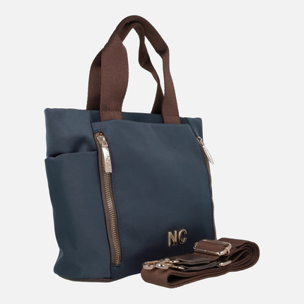 Shopper Bags in navy Nylon fabric with brown handles