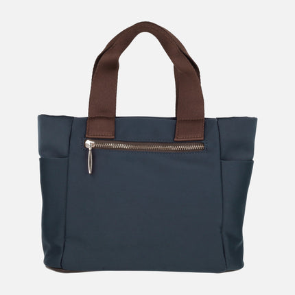 Shopper Bags in navy Nylon fabric with brown handles