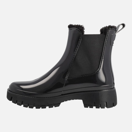 Colden black Chelsea style rain booties with fur lining