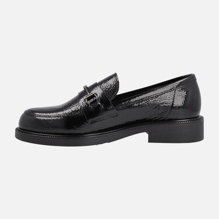 Black patent leather moccasins with metallic ornament