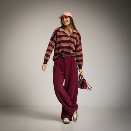Striped sweater with polo neck in pink combination