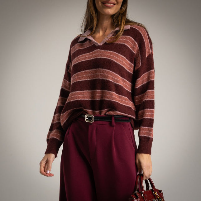 Striped sweater with polo neck in pink combination