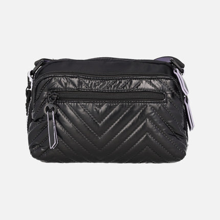 Bolsos bandolera en tejido acolchado negro con detalles en malva