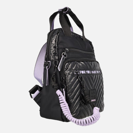 Ventis backpacks in black padded fabric with mauve details