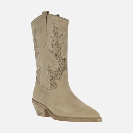 Holly cowboy Boots in Sand Suede with embroidery