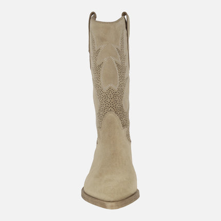 Holly cowboy Boots in Sand Suede with embroidery