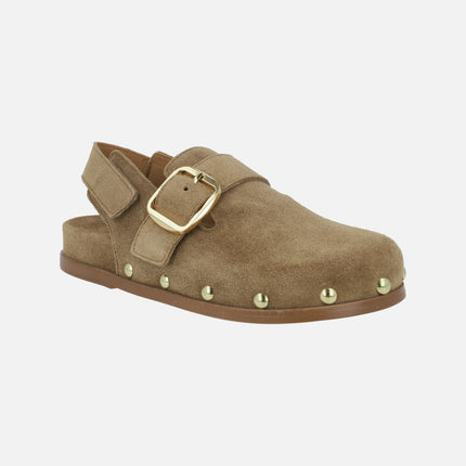 Alpe Alive clogs in suede with velcro closure and studs